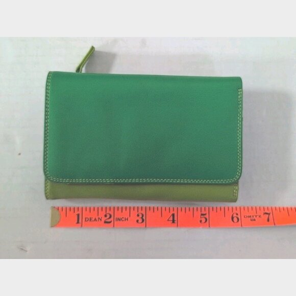 Italian Mywalit Tri-Fold Leather Wallet Coin Pouch Green Yellow Elephant Logo - Picture 6 of 8